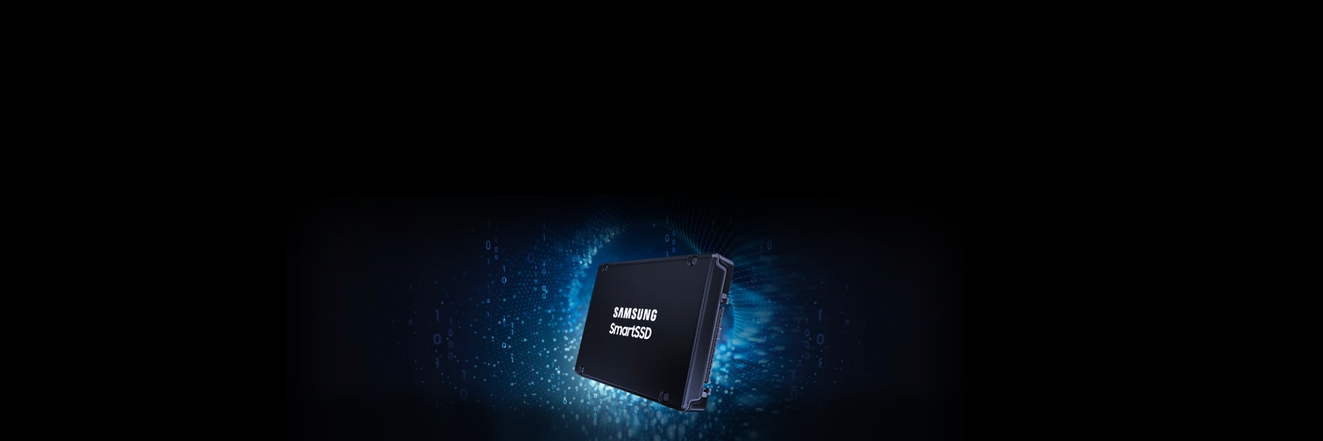  二進法データとニューラルネットワークで構成されているデジタルグラフィックを背景に、SmartSSDの製品を配置した画像です。