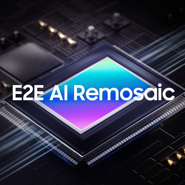 Image of a image sensor labeled 'E2E AI Remosaic', featuring a glowing microchip set against a dark, complex circuit board design.