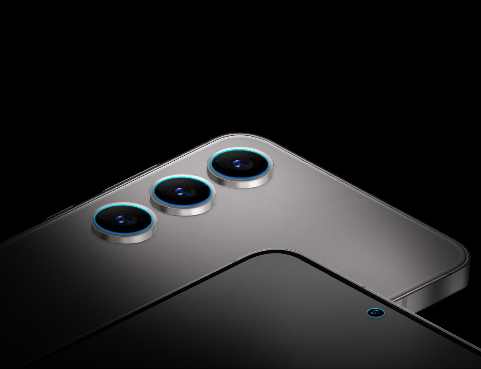 Image showcasing the front and back sides of a smartphone, with the back featuring a triple camera lens and the front with a front camera against a black background.