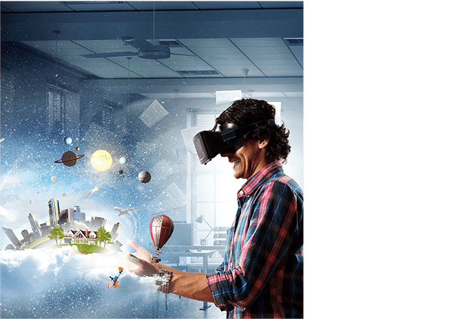 The image of a man wearing VR