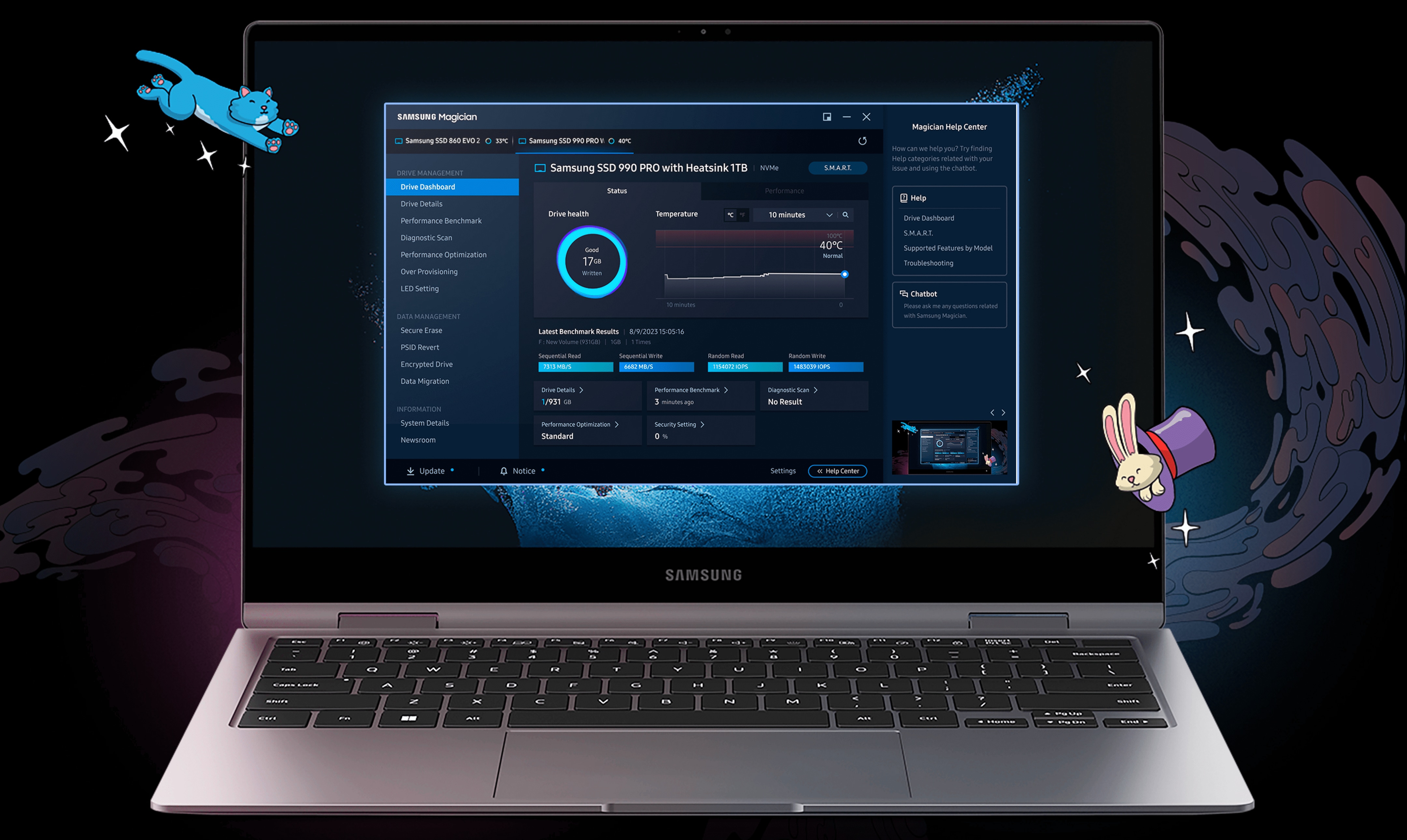 An image of Samsung Magician Software displaying drive details on the laptop screen.
