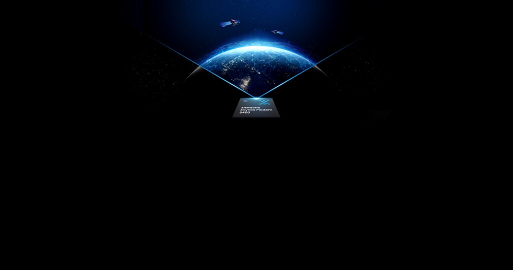Earth as seen from orbit through a stylized diamond cutout, with 'Samsung Exynos Modem 5400'.