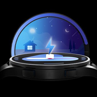 A smartwatch with an electricity-shaped icon symbolizing battery charging over a background image that show time lapse of a day.
