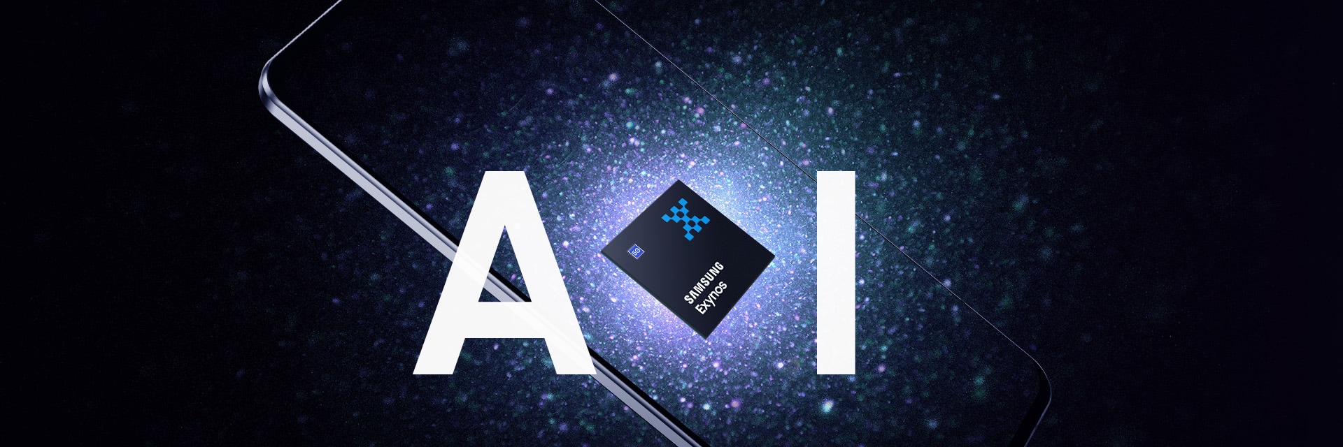 An artistic representation of the Samsung Exynos chip emerging from a smartphone, surrounded by sparkles and bold "AI" lettering.