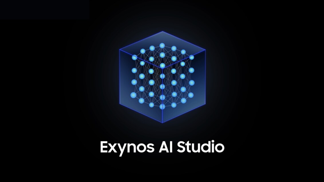 A glowing 3D cube with blue neural network-like dots on a dark background, Exynos AI Studio.